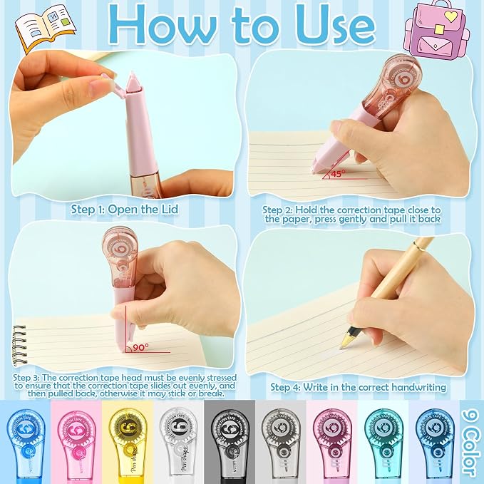 auroray 9 Pack Correction Tape Pens 1/5" X 236", 9 Color Correction Tape Comfortable Pen Shape Correction Pen Easy to Use Applicator for Instant Correction Students School Office Supplies