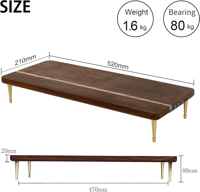 Monitor Stand Wood Riser with 4 USB Ports, Computer Monitor Stand with America Walnut Data Transfer Charging Hub -Compatible with Computer, Mac, PCs, Smartphone, 20.5*8.3in