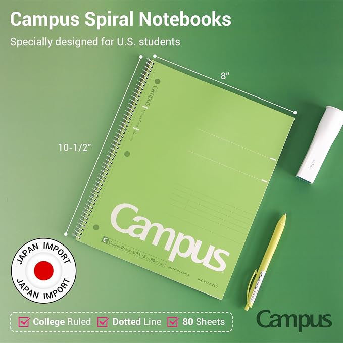 KOKUYO Spiral Notebooks, 3 Pack College Ruled 10-1/2" x 8" Lined Notebook | Campus Subject Notebooks, 80 Sheets, 3 Holes School Japanese Ring Journal for Work Study Note Taking, Pink Blue Green
