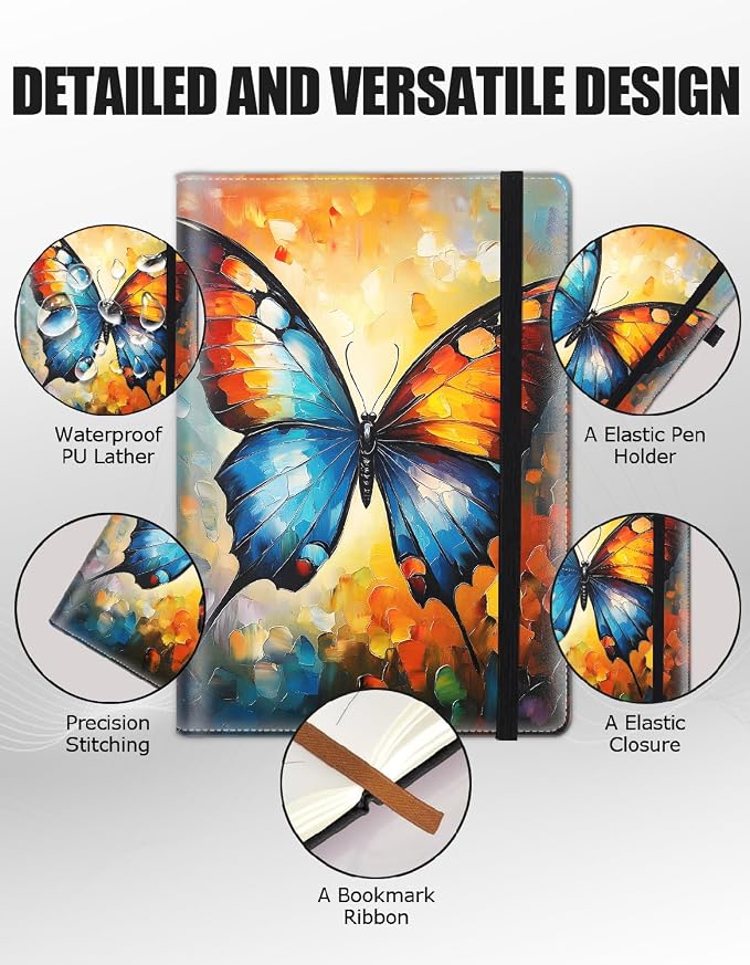 Hardcover Executive Notebooks, A5 PU Leather Lined Journal Notebook, 200 Pages Thick Paper Subject Notebooks for School,Work,Home Writing Business Notebook, Diary Book ，Colorful Butterfly