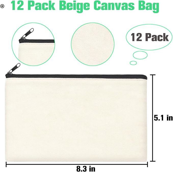 ZeeDix Canvas Zipper Pouch Bulk – 8.3 x 5 Inches Cotton Canvas Pouches with Zipper, Canvas Pencil Pouch, Makeup Bags Bulk for Travel Cosmetic Toiletry, Multipurpose Zipper Pouch for DIY Craft Storage