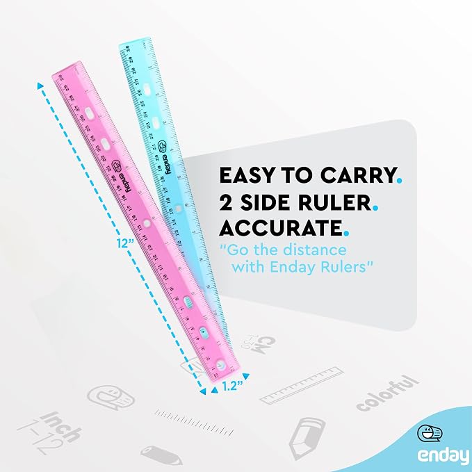 Ruler 12 Inch/ 30 CM Jeweltone, Inches and Centimeters Plastic Straight Edge Rulers School Supplies, Standard Ruler for Artists Kids and Adults, Purple, Pink, Green, and Blue, 4 Pack – By Enday