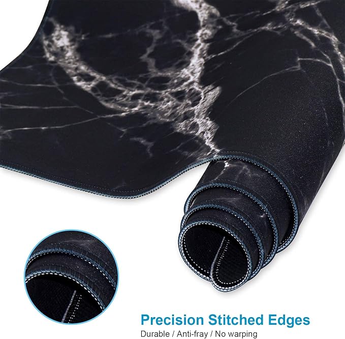 XXL Waterproof Office Desk Pad Protector 35.4x15.7 Inch - Extended Gaming Mouse Pad with Non-Slip Rubber Base, Thickened Keyboard Mat, Stitched Edges & Black White Marble Design