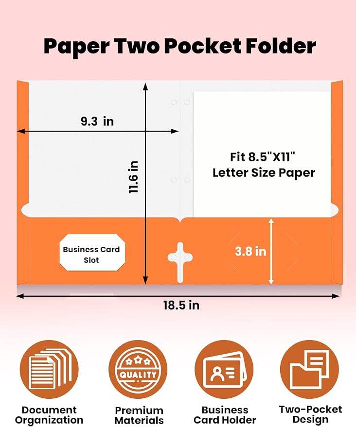 SUNEE Two Pocket Folders, 50 Pack File Folders with Business Card Slot, Textured Paper, Fit Letter Size Paper, Paper File Folder for School Office Home Business, Orange