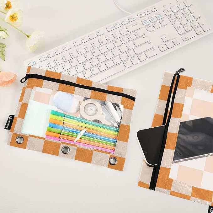 Orange Checkerboard Pencil Pouch for 3 Ring Binder 2 Pack Zipper Binder Pencil Bag Case with Clear Window Office Supplies