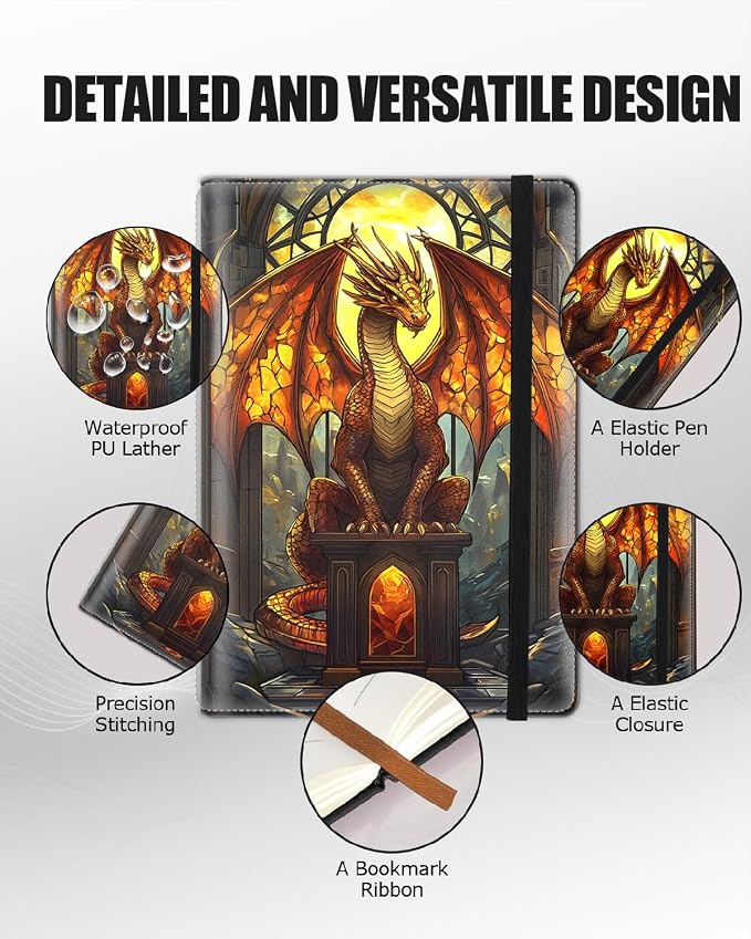 Hardcover Executive Notebooks, A5 PU Leather Lined Journal Notebook, 200 Pages Thick Paper Subject Notebooks for School,Work,Home Writing Business Notebook, Diary Book,Stained Glass Red Glass Dragon