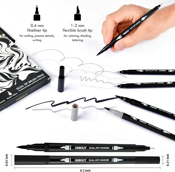 Black Markers for Drawing - Brush Pens for Artists, 12 Pack | Dual Brush Pens Black Fine & Brush Markers for Art Drawing, Sketching, Outlining, Manga, Calligraphy Pens