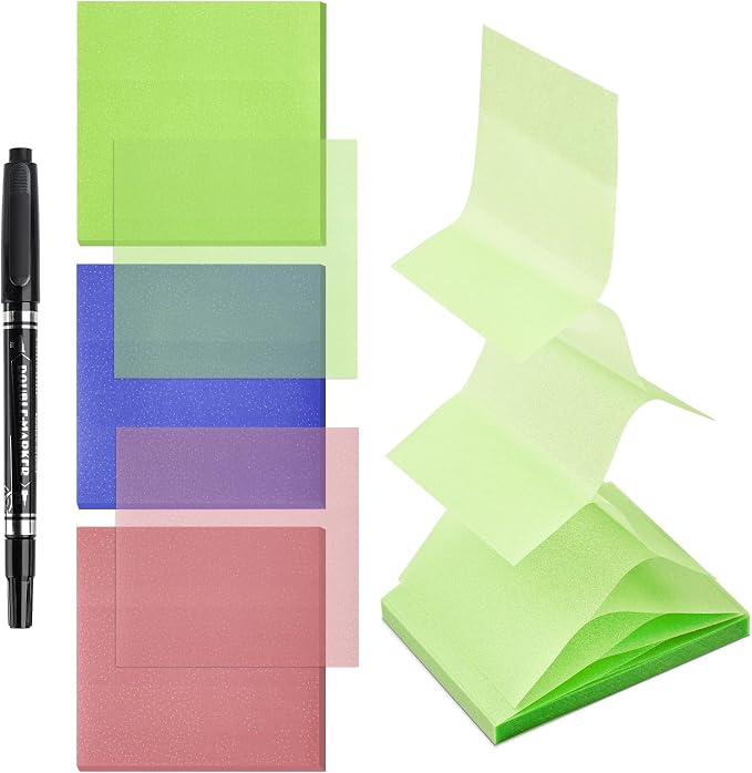 BAYTORY 240 Pop Paper Up Transparent Glitter Sticky Notes with 1 Marker | Double Marker Pen, Waterproof Self-Stick Note, 3 x 3 Colorful Self-Adhesive Note for Bible Accessories (Green & Pink & Blue)