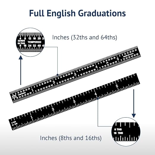 PEC Tools 6-inch Flexible Metal Ruler (5 Pack), High Contrast Machinist Rule, 4R Graduation (1/8", 1/16", 1/32", 1/64"), 6" Stainless Steel Ruler with Black Chrome Finish, Easy to Read, Made in USA