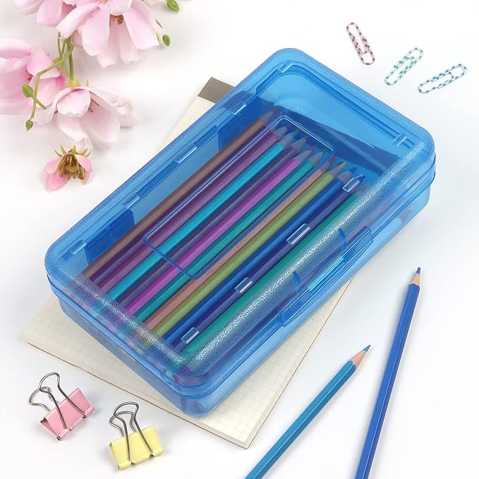 Tamaki 1 Pack Plastic Pencil Box Large Capacity, Blue | Clear Boxes with Snap-tight Lid Stackable Design and Stylish Office Supplies Storage Organizer