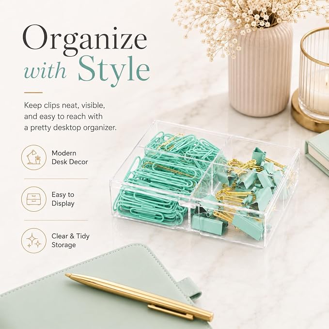 Green and Gold Paper Clips Binder Clips Set with Storage Box, 165 Psc, Assorted Size Decorative Office Clips, Cute Desk Accessories for School, Home Office, Planner, Journal and Documents