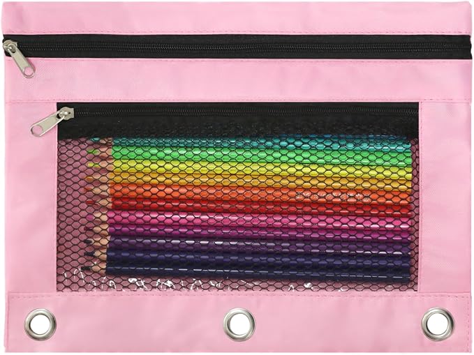Pencil Pouch for 3 Ring Binder, Heavy Duty Canvas Dual Zipper Pen Bag with Clear Window, Smooth Metal Zipper, Fit Standard 3-Ring Binders for School Office Travel Supplies (Pink)