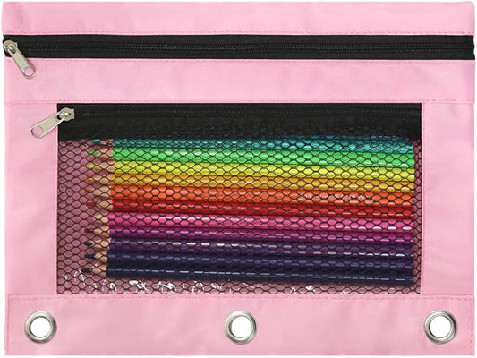 Pencil Pouch for 3 Ring Binder, Heavy Duty Canvas Dual Zipper Pen Bag with Clear Window, Smooth Metal Zipper, Fit Standard 3-Ring Binders for School Office Travel Supplies (Pink)