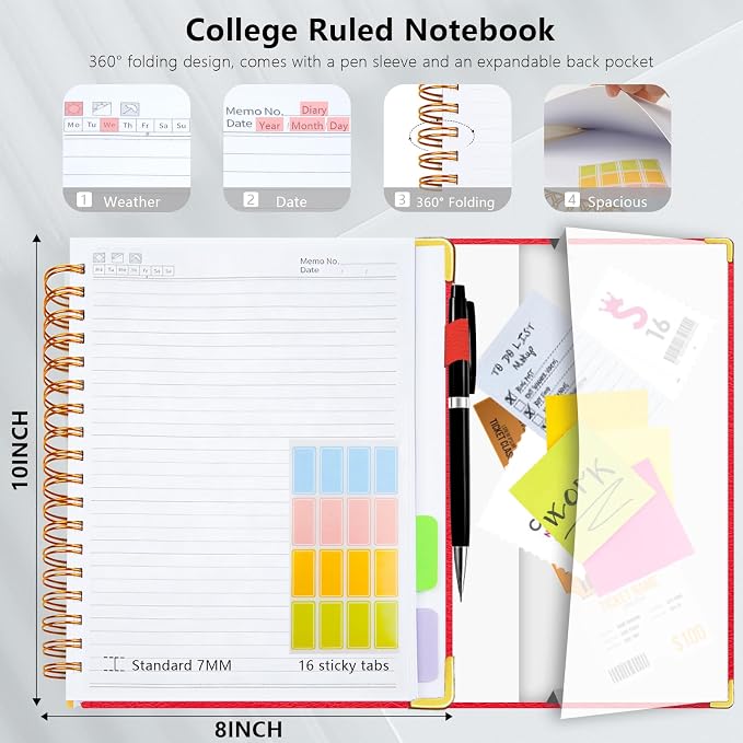 Hardcover Spiral Notebook College Ruled, 8"x10" Leather Journal Notebook with Magnetic Closure, 300 Pages 5 Subject Notebook with Dividers Tabs Journal for Women Men, Work, School(Red)