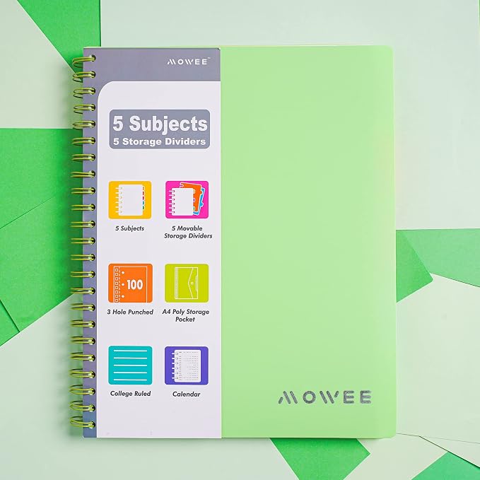 Spiral Notebook - 5 Subject Notebook, College Ruled Notebook With Dividers Pocket, Tabs Label, Ruler, 100Sheet 200 Pages, for Writing Journal, Home & Office, School Supplies, 8.5''x11'' Lime | 200 Pages, 11" Ruler, 8.5"x11" Lime, Pocket Dividers with T...