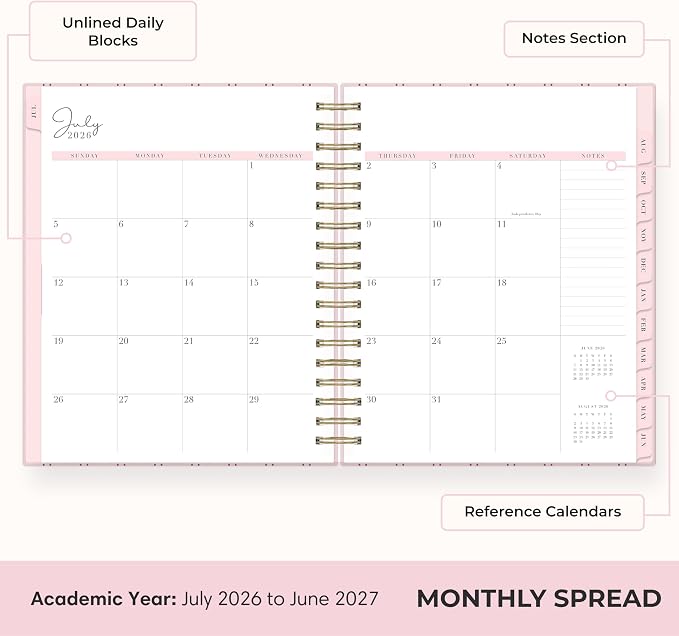 Blue Sky Rachel Parcell 2026-2027 Daily and Monthly Academic Year Planner Calendar, July 2026 - June 2027, 7" x 9", Laminated Cover, Wirebound, Laminated Tabs, Storage Pocket, Includes Stickers, Laine Pink