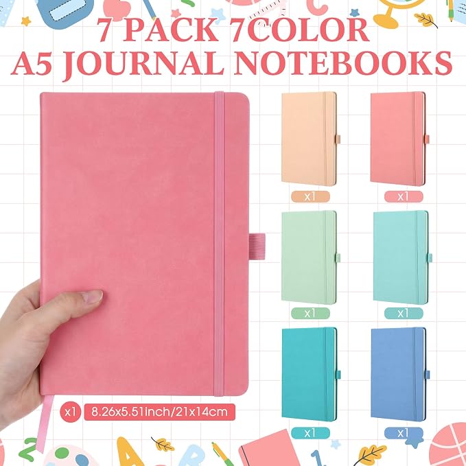 Laumoi 7 Pack Hardcover Journal Notebooks Bulk A5/A4/B5 Journaling Notebook Wide Ruled PU Leather Ruled Lined Journals with Pen Holder for School Business Work Writing (Rococo Color,A5)