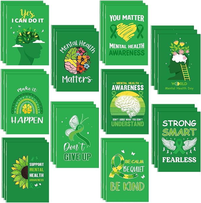 30 Pcs Mini Mental Health Notepads Small Memo Pad Notepads Bulk Mental Health Awareness Green Ribbon Pocket Notebooks, 10 Styles