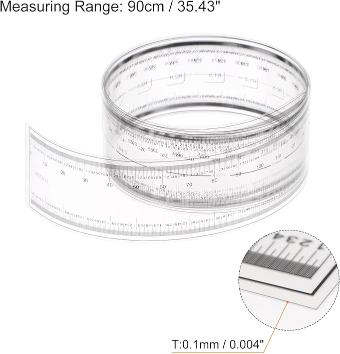 HARFINGTON Film Flexible Ruler 90cm 0.1mm Scale with R Angle & Width Lines PET Plastic Folding Straight Ruler Calibration Soft Ruler Measuring Tool for Factory, Transparent