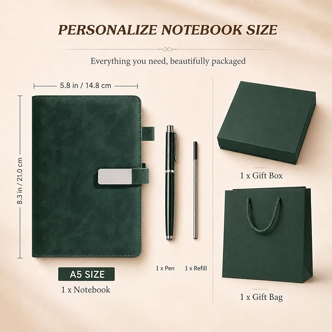 CRME Personalized Leather Journal with Pen and Gift Box,Custom Leather Executive Notebook with Name,A5 Hardcover Lined Journal for Writing Business Travel,5.8"x 8.3",Green