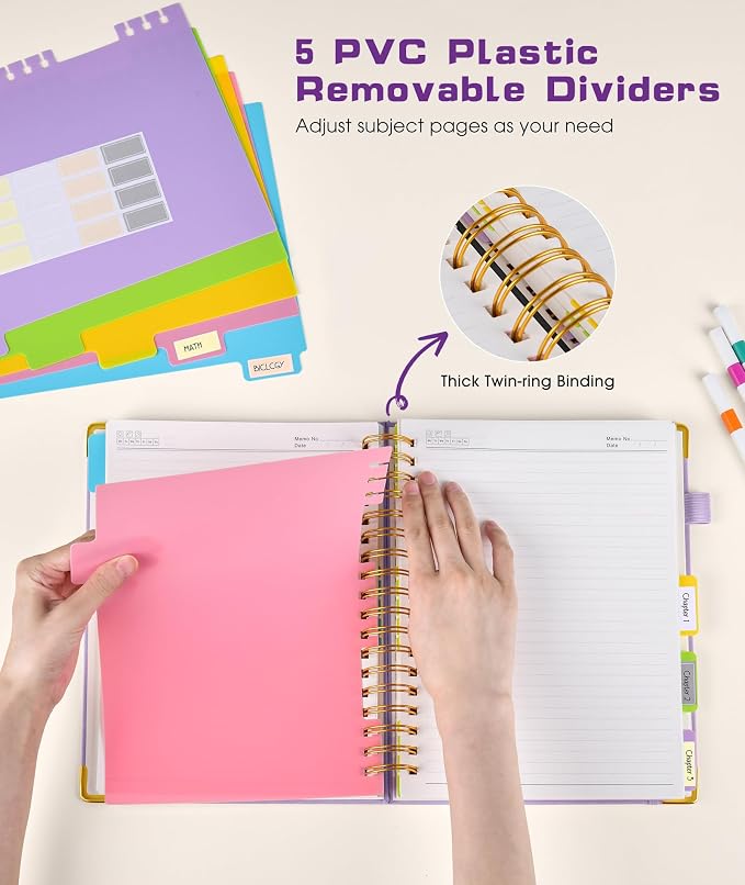 Hardcover Spiral Notebook 8.5"x11" Journal with Removable Dividers Tabs, 300 Pages Leather 5 Subject Notebook College Ruled, Large A4 Notebooks for Work School, Lined Journal for Women, A4 Purple