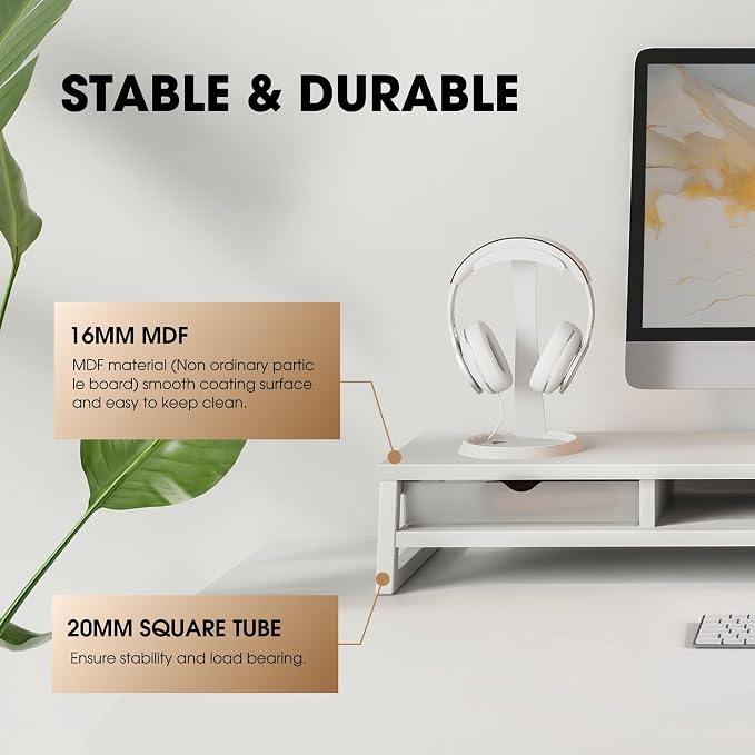 Fenge Dual Monitor Stand Riser, 42.5in Desk Shelf with 2 Drawers, White | 2-Tier Monitor Shelf for Desk, Storage Drawer with Stopper, Frosted, fit Home Office, Ultrawide Screen, PC, Laptop, TV
