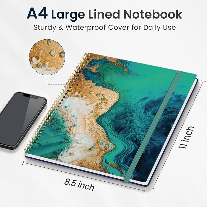 Taja Large Spiral Lined Journal for Women, 8.5" x 11" Notebooks for Work Collge Ruled, A4 Aesthetic Cute Journaling Notebooks for Writing, Plastic Cover, Emerald Shores