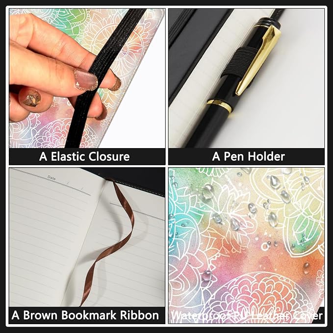 A5 Leather Lined Journal Notebook, 200 Pages Hardcover Executive Notebook for Men Women Office School Note Taking, Thick Writing Paper Daily Journal with Bookmarks/Indexes, Colorful Mandala