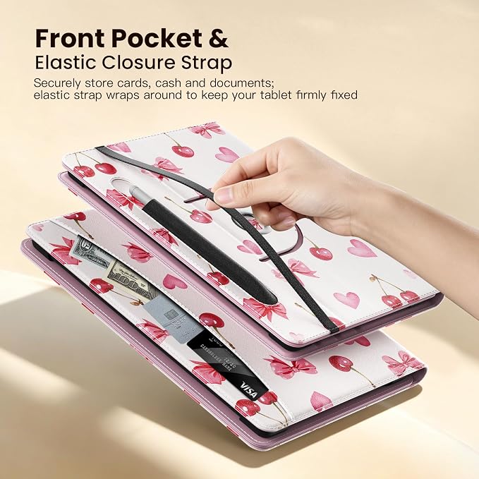 MoKo for Universal 11 inch Android Tablet Case with Pen Holder, Cherry Bow | Fits All 9.6-11 inch Tablets, Slim 360 Degree Rotating Cover, Multi-Angle Stand, Front Pocket, No fit iPad/NO back opening