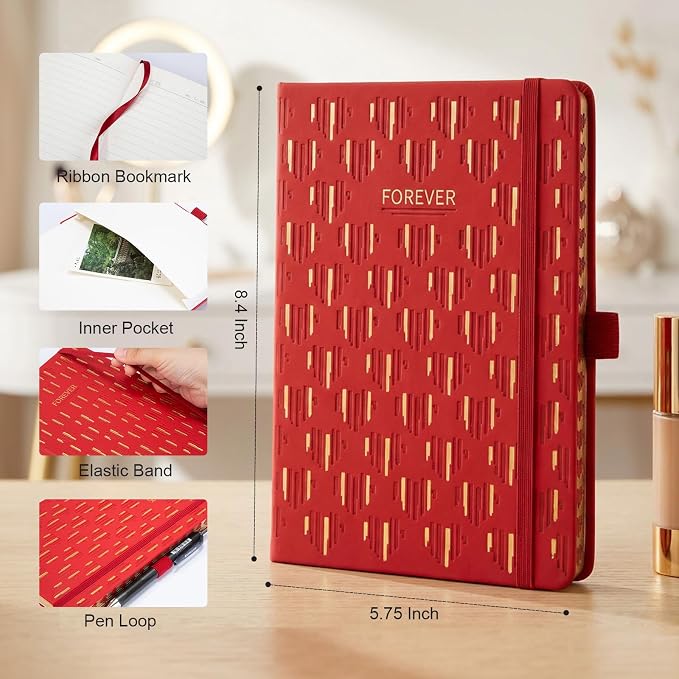 Comix Pretty Lined Journal for Women, 5.5" x 8.3" Hardcover Leather Journal for Writing & Note Taking, A5 Cute Notebook for Office School Home, 192 Pages,100 GSGM Paper, Crimson, Heart Motif