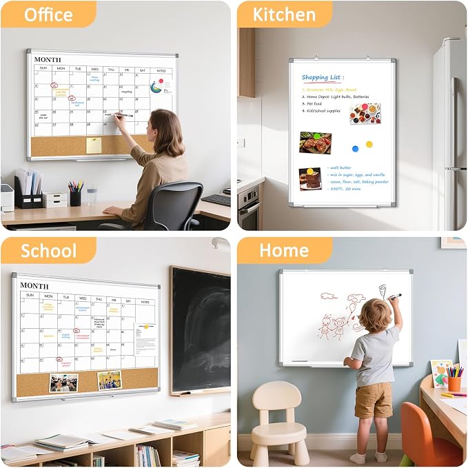 Monthly Dry Erase Calendar Whiteboard with Corkboard, 36" x 24", Silver | Magnetic, White Board Cork Board Combo, Double Sided, Wall Mounted, Aluminum Frame, for Home, Office, Kitchen, Dorm
