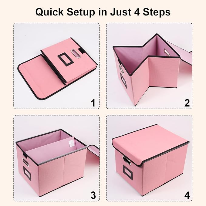 File Storage Box with Lid, 15.55x12.87x10.43 Inches, Foldable Organizer with Handles & Label Slot, for File Storage, Home, Office, and Closet Organization(2 Packs, Pink)