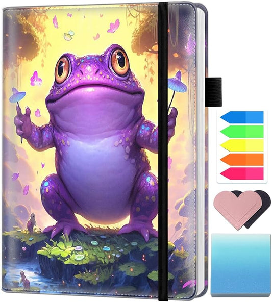 A5 Leather Lined Journal Notebook, 200 Pages Hardcover Executive Notebook for Men Women Office School Note Taking, Thick Writing Paper Daily Journal with Bookmarks/Indexes, Purple Frog