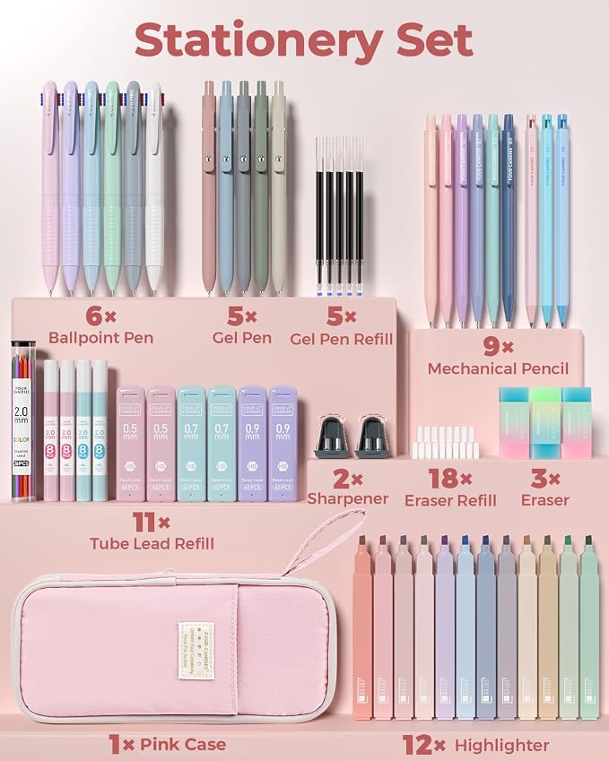 Four Candies 56 PCS School Supplies with Pencil Case, 6 Multicolor Pens, 12 Pastel Highlighters, 5 Gel Pens, 9 Mechanical Pencils for Student Back to School Stationery Set College Essentials (Pink)