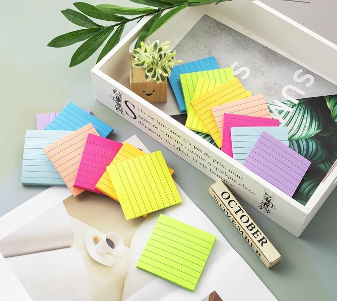 (16 Pack) Lined Sticky Notes 3x3 in Ruled Stickies Super Sticking Power Memo Pads Bright Colors, Post on Windows Doors,Recyclable,Easy to Write on