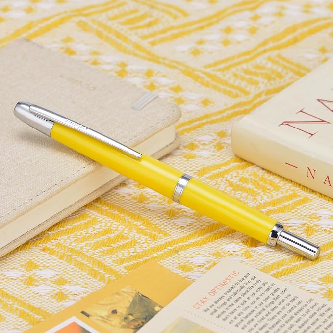 Jinhao 20 Press Retractable Fountain Pen Extra Fine Nib with Converter Resin Writing Gift Pen, Yellow with Silver Clip
