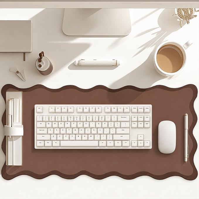 Hahafelt Scalloped Desk Mat Large Desk Pad Cute Coquette Table Mat Back to School Preppy Table Make up Pad Nonslip Graduation Gift with Stitching Waterproof Gaming(Brown,31.5 x 15.8 Inches)