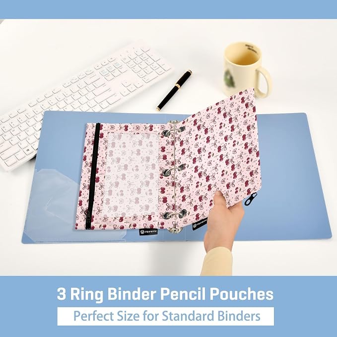 Pink Bow Cherry Polka Dots Pencil Pouch for 3 Ring Binder 2 Pack Zipper Binder Pencil Bag Case with Clear Window Office Supplies