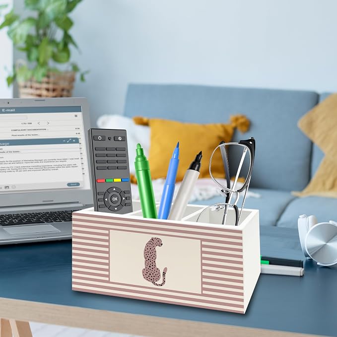 Trendy Retro Leopard Pen Pencil Holder Organizer for Desk, Pink Striped Leopard Wild Animal Wooden Box Signs Decorations for Girls Room Bedroom Desk Tabletop, Cheetah Gifts for Women Men
