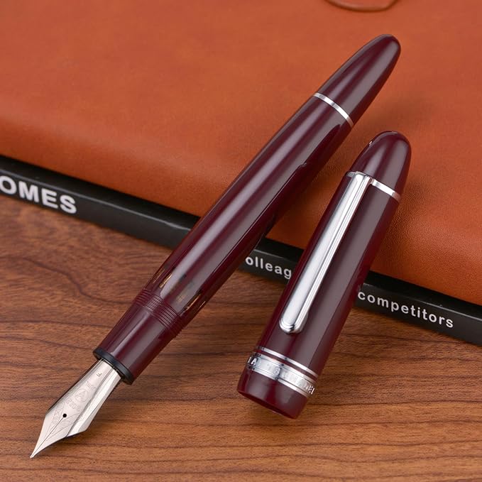 Yongsheng Junlai 930 Acrylic Fountain Pen, Size 9 Broad Nib with Piston Filling System, Wine Red Fence Ink Tank with Torpedo Shape Design Large Hand Pen (Silver Trim)