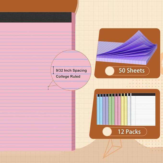 Legal Pads 8.5 X11, Narrow Ruled Notepads, 12 Pack, 50 Sheet/Pad | Colored Legal Pads, Tear Off Notepad, Perforated Writing Pad, Notebook Paper College Ruled, Notepads For Office Home School