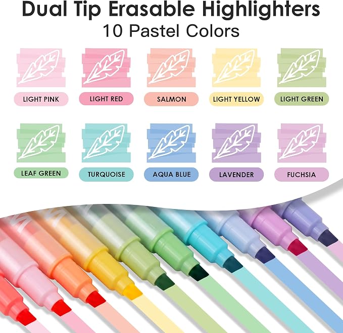 Erasable Highlighters Pastel Colors, 10 Colors Muted Dual Tip Markers, No Bleed Aesthetic Highlighters for Bible, Journaling, School Office Supplies, Double Ended Fine & Chisel Tip, Smooth Dry Fast