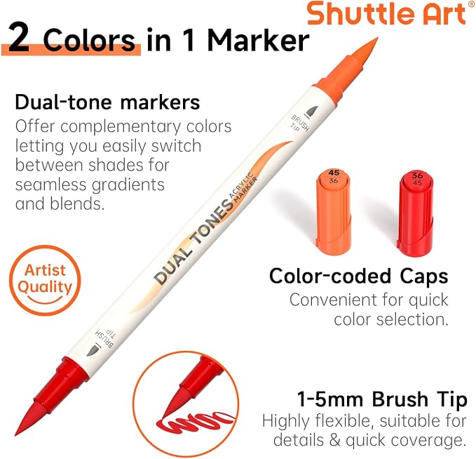 Shuttle Art 48 Colors Dual Tone Acrylic Paint Markers, 24 Pack Acrylic Paint Pens Set for Rock Painting, Ceramic, Wood, Canvas, Glass, Stone, Fabric, Card Making, DIY Football Crafts