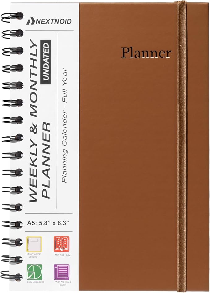 Nextnoid A5 12-Month Undated Weekly & Monthly Planner, Hardcover, Brown | Weekly & Monthly Planning Notebook for Home and Office, Agenda Planner, Goal Setting and Scheduling with Weekly Layout
