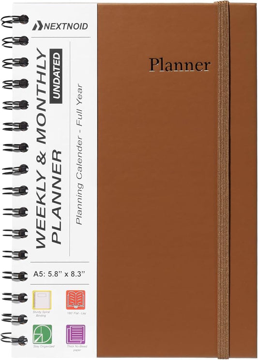 Nextnoid A5 12-Month Undated Weekly & Monthly Planner, Hardcover, Brown | Weekly & Monthly Planning Notebook for Home and Office, Agenda Planner, Goal Setting and Scheduling with Weekly Layout