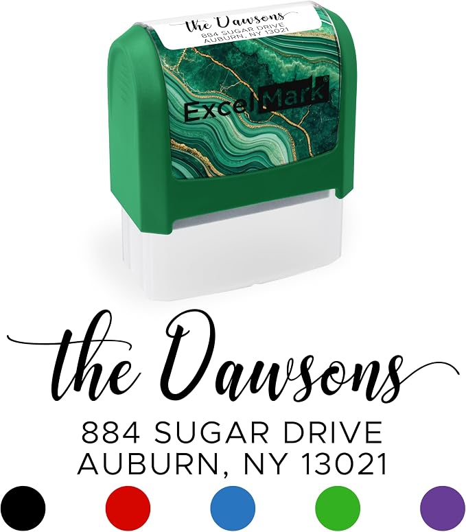 ExcelMark Custom Return Address Stamp (Green, Signature Script) | Custom Return Address Stamp with Elegant Designs, Vibrant Colors & Patterns – Perfect for Mail, Invitations & Gifts