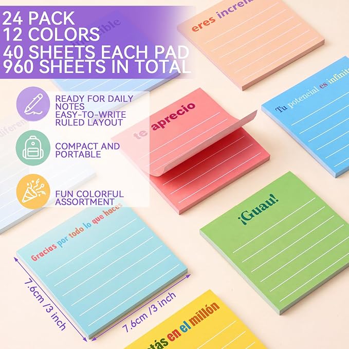 Yinder 24 Pcs Inspirational Sticky Notes, Back to School Supplies, Cute Motivational Sticky Notes Pad Employee Appreciation Gifts Bulk for Teacher Coworker Office 3 x 3'' (Spanish,Light)