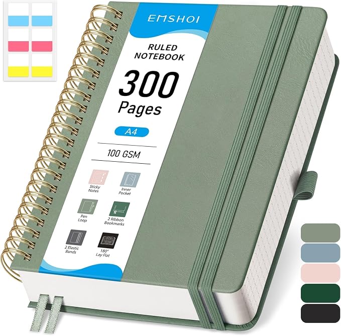 EMSHOI Lined Spiral Journal Notebook, 300 Numbered Pages, A4 (8.2"x11.2") | College Ruled, Leather Hardcover, 100 GSM Thick Paper, for School, Writing, Work, Office & Journaling (Light Green)