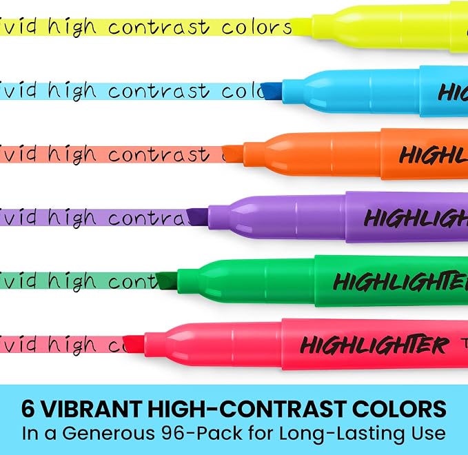 Taja Highlighters 96 Pack, 6 Assorted Colors, Bulk Pack Chisel Tip Marking Pens with Clean Ink, Suitable for School, Office, and Daily Use