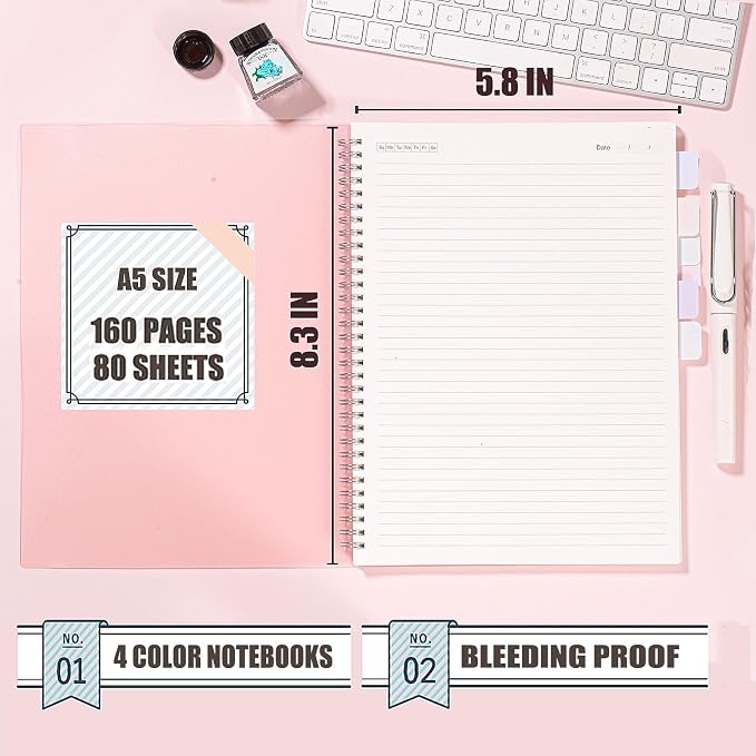 OWSC 4 Pack College Ruled Spiral Notebook, Notebooks for Work A5 Lined | 5.9 x 8.3 IN Notebooks College Ruled for Note Taking, School and Journal with 80 Sheets/160 Pages 110 GSM Thick Papers